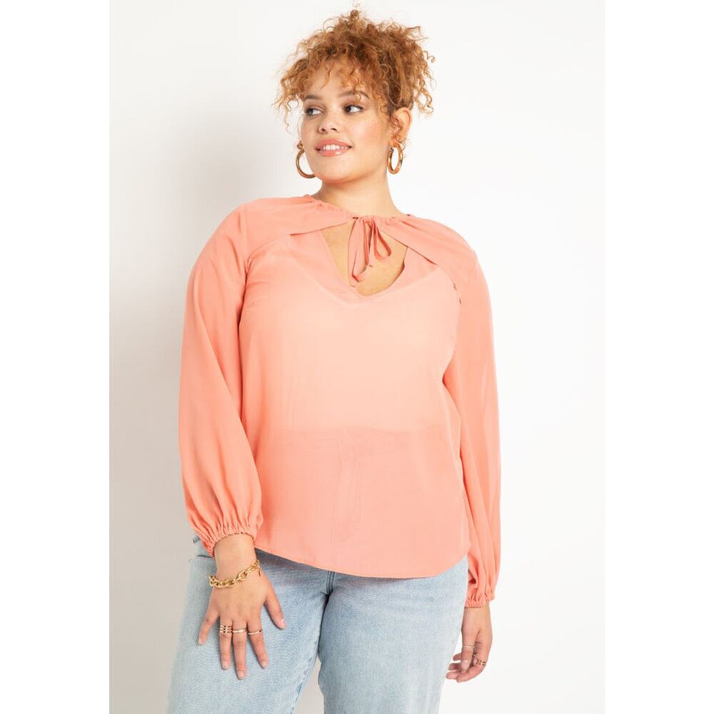 New Eloquii Womans Sz 16 Blouse Neckline Tie Chiffon Long Sleeve Sheer Coral NWT